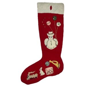 Vtg Handmade Felt Sequin Christmas Stocking 1950s MCM Cowboy Snowman Train Drum